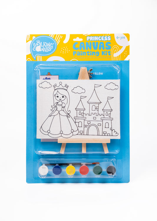 Princess Canvas Painting Kit for Kids front packaging with pre-printed princess canvas, wooden easel, acrylic paints and paint brush.