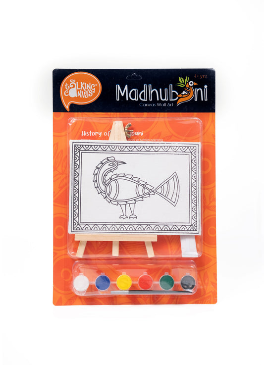 Front of The Talking Canvas Madhubani Peacock Canvas Wall Art DIY Kit with outlined peacock canvas, mini easel, brush and 6 acrylic paint pots in orange packaging.