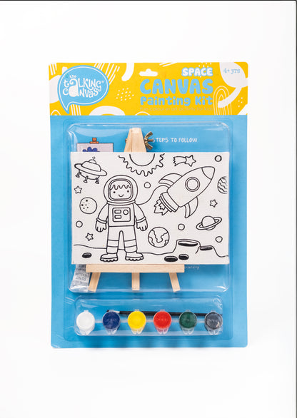 Space Canvas Painting Kit for Kids front packaging with pre-printed space canvas, wooden easel, acrylic paints and paint brush.