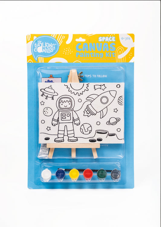 Space Canvas Painting Kit for Kids front packaging with pre-printed space canvas, wooden easel, acrylic paints and paint brush.