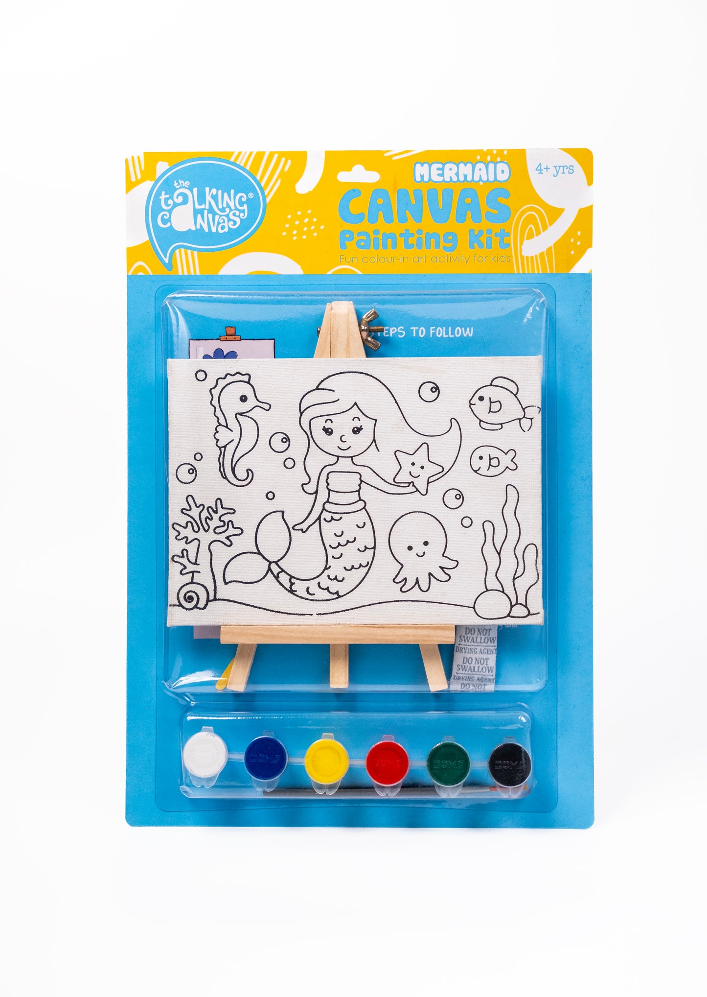 Front of The Talking Canvas Mermaid Canvas Painting Kit with pre-printed canvas, paints, brush and easel stand for kids aged 4+