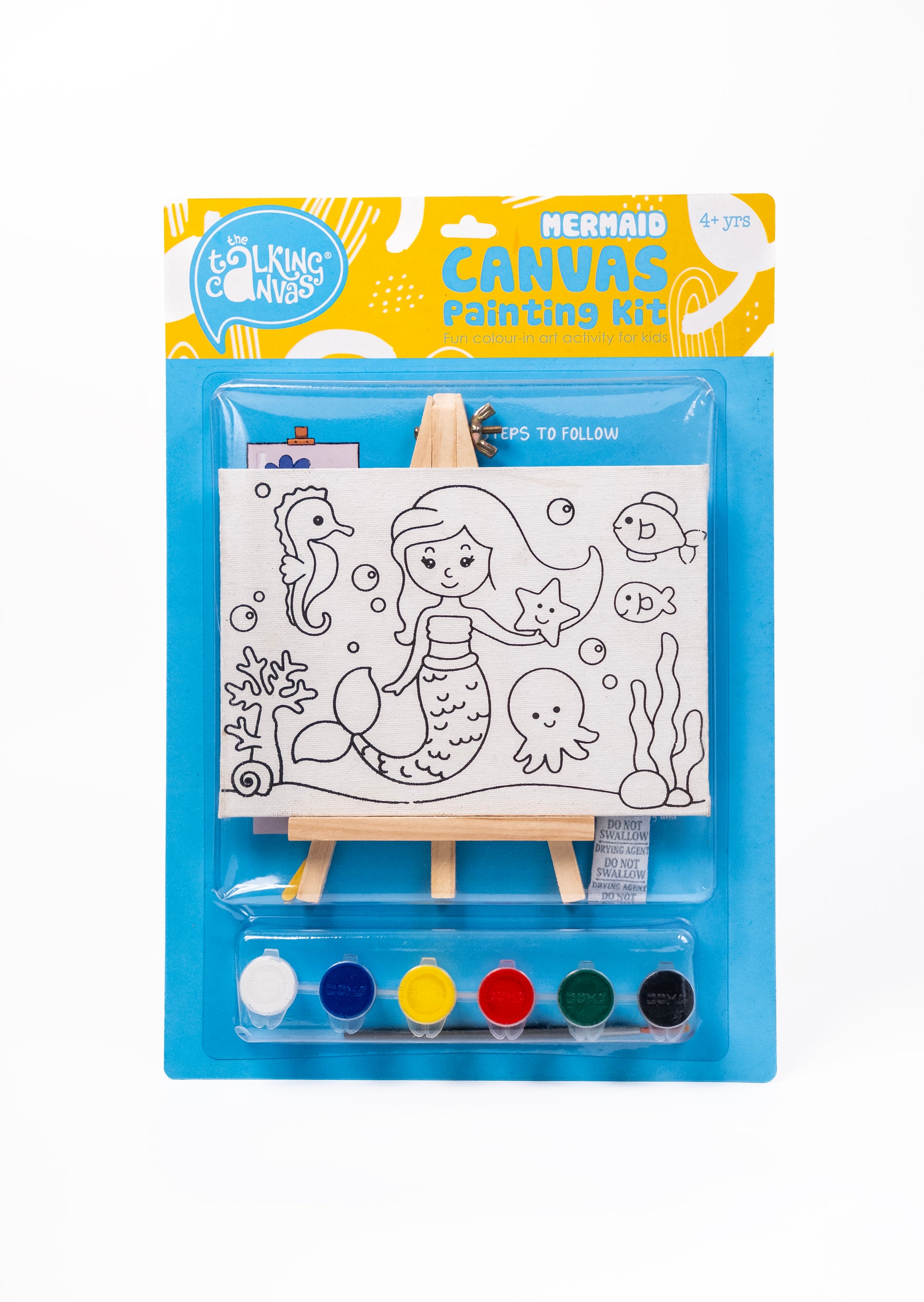 Front of The Talking Canvas Mermaid Canvas Painting Kit with pre-printed canvas, paints, brush and easel stand for kids aged 4+