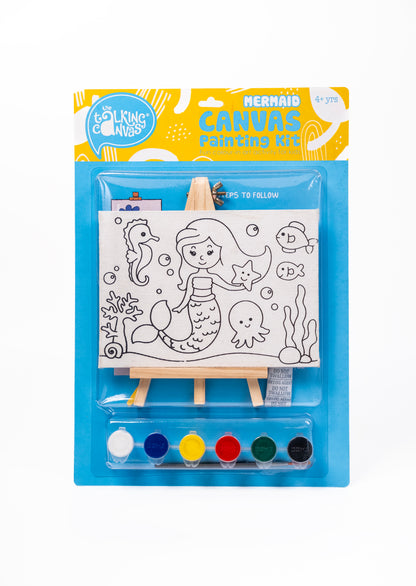 Front of The Talking Canvas Mermaid Canvas Painting Kit with pre-printed canvas, paints, brush and easel stand for kids aged 4+