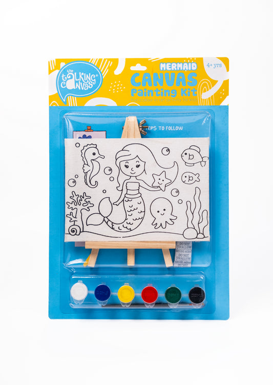 Front of The Talking Canvas Mermaid Canvas Painting Kit with pre-printed canvas, paints, brush and easel stand for kids aged 4+