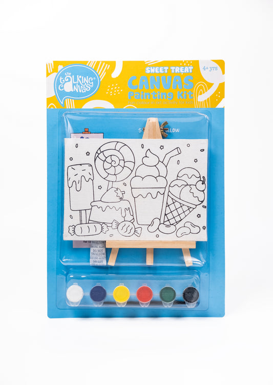 Sweet Treat Canvas Painting Kit for Kids front packaging with pre-printed dessert canvas, wooden easel, acrylic paints and paint brush.