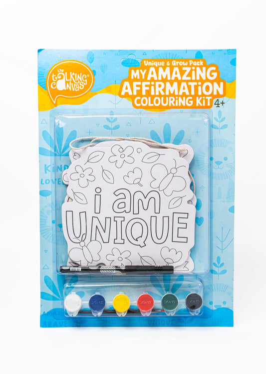 My Amazing Affirmation Colouring Kit – I Am Unique, I Can Grow front packaging with affirmation boards, paints, brush and marker.