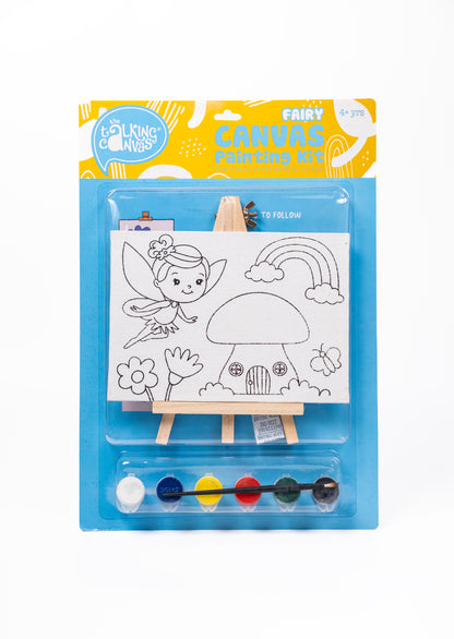 Fairy Canvas Painting Kit for Kids front packaging with pre-printed fairy canvas, wooden easel, acrylic paints and paint brush.