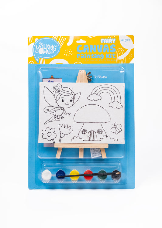 Fairy Canvas Painting Kit for Kids front packaging with pre-printed fairy canvas, wooden easel, acrylic paints and paint brush.