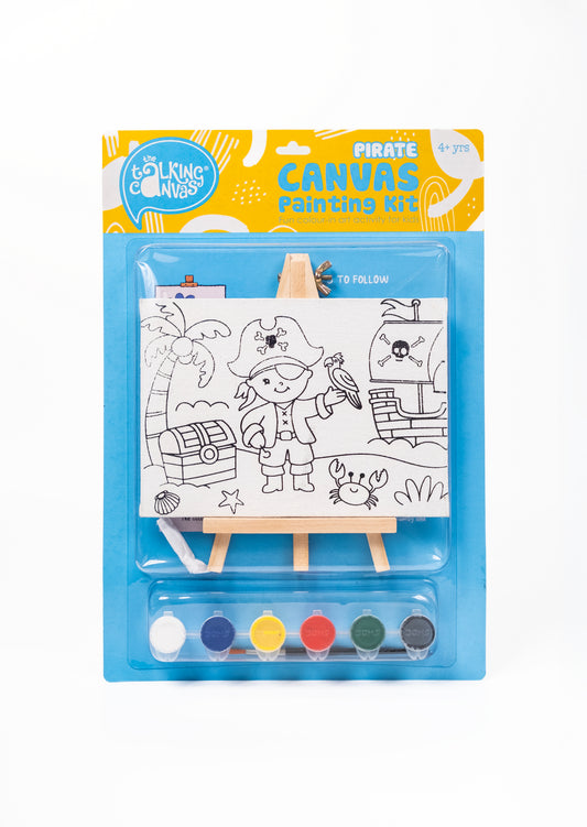 Pirate Canvas Painting Kit for Kids front packaging with pre-printed pirate canvas, wooden easel, acrylic paints and paint brush.