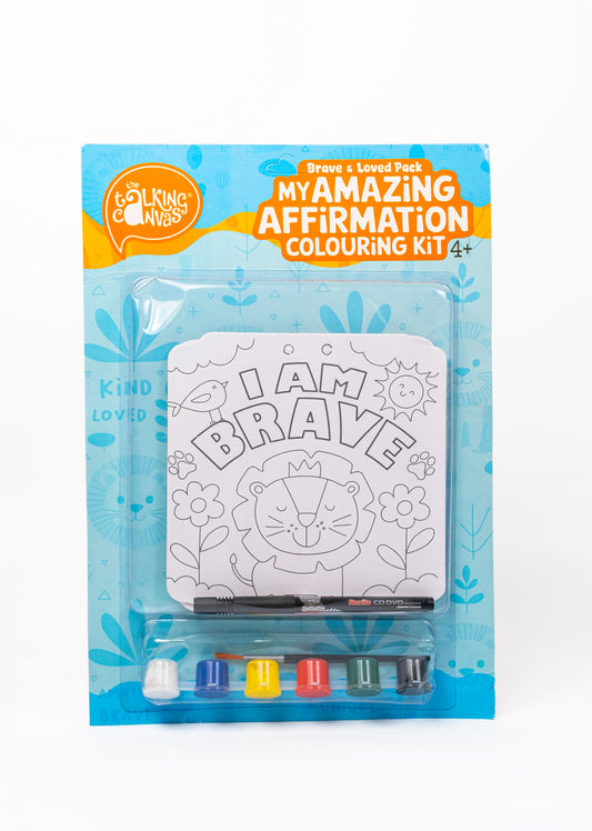 My Amazing Affirmation Colouring Kit – I Am Brave, I Am Loved front packaging with affirmation boards, paints, brush and marker.