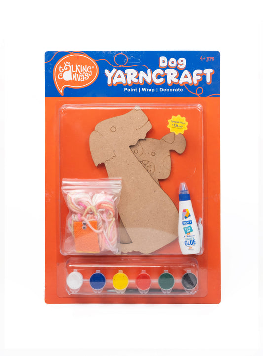 Dog Yarn Craft Kit for Kids front packaging featuring two MDF dog cut-outs, acrylic paints, yarn, glue, felt pieces, googly eyes and paint brush.