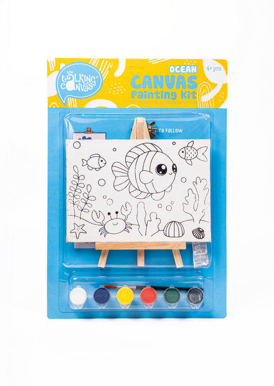 Ocean Canvas Painting Kit for Kids front packaging with pre-printed underwater canvas, wooden easel, acrylic paints and paint brush.