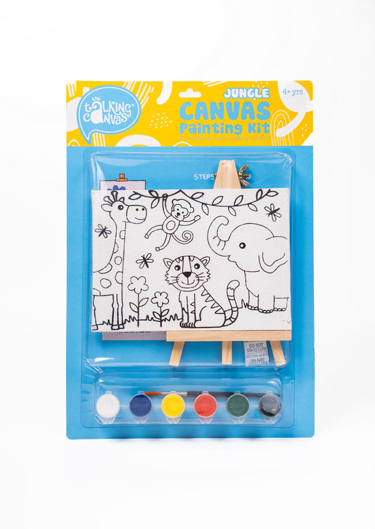Front of The Talking Canvas Jungle Canvas Painting Kit with pre-printed jungle canvas, wooden easel, paints and brush for kids aged 4+.