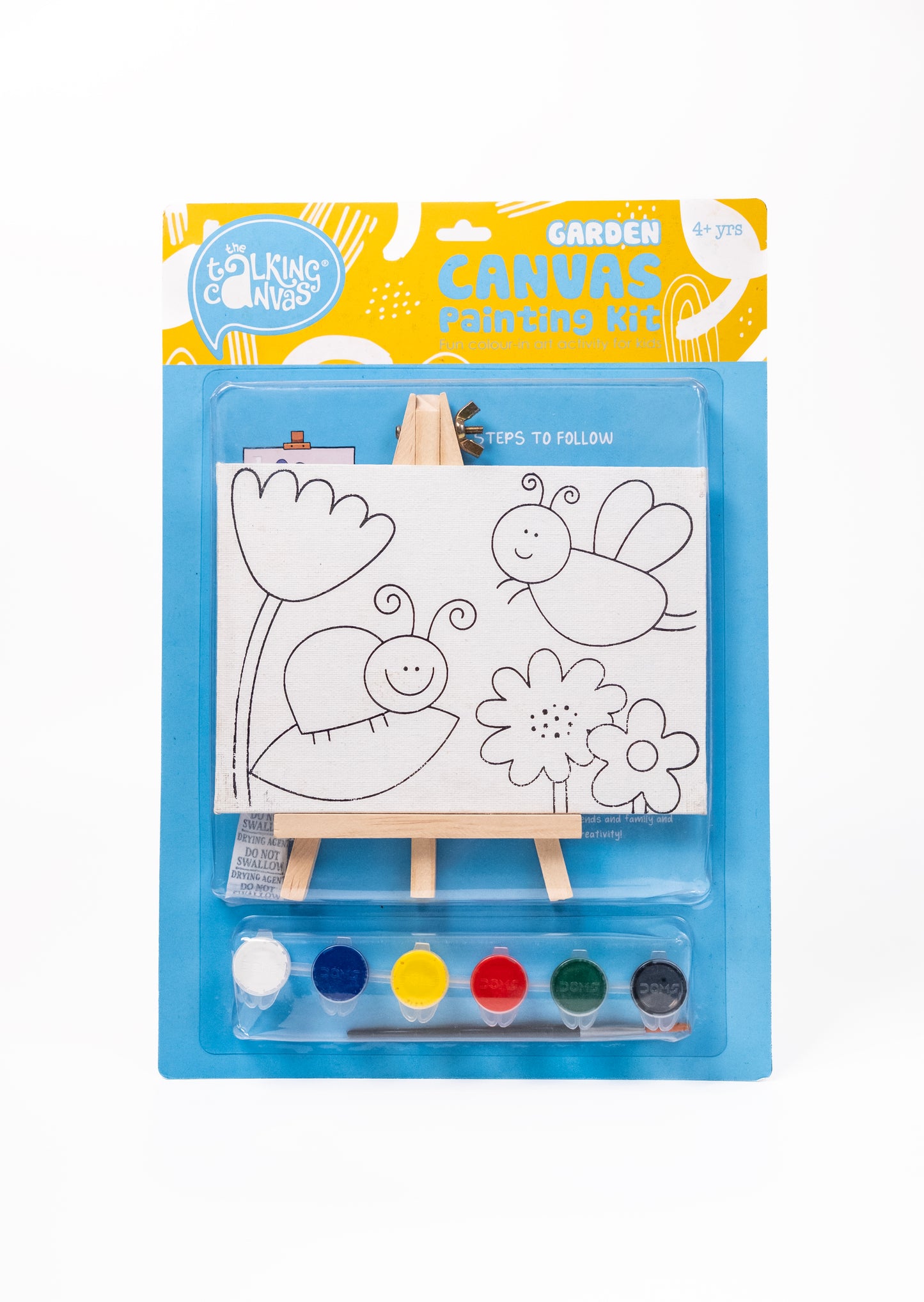Front of The Talking Canvas Garden Canvas Painting Kit with pre-printed garden canvas, wooden easel, paints and brush for kids aged 4+.