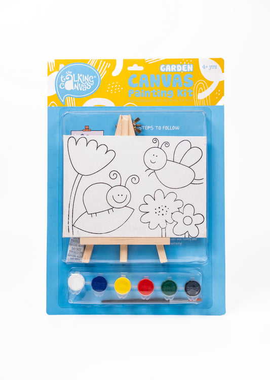Front of The Talking Canvas Garden Canvas Painting Kit with pre-printed garden canvas, wooden easel, paints and brush for kids aged 4+.