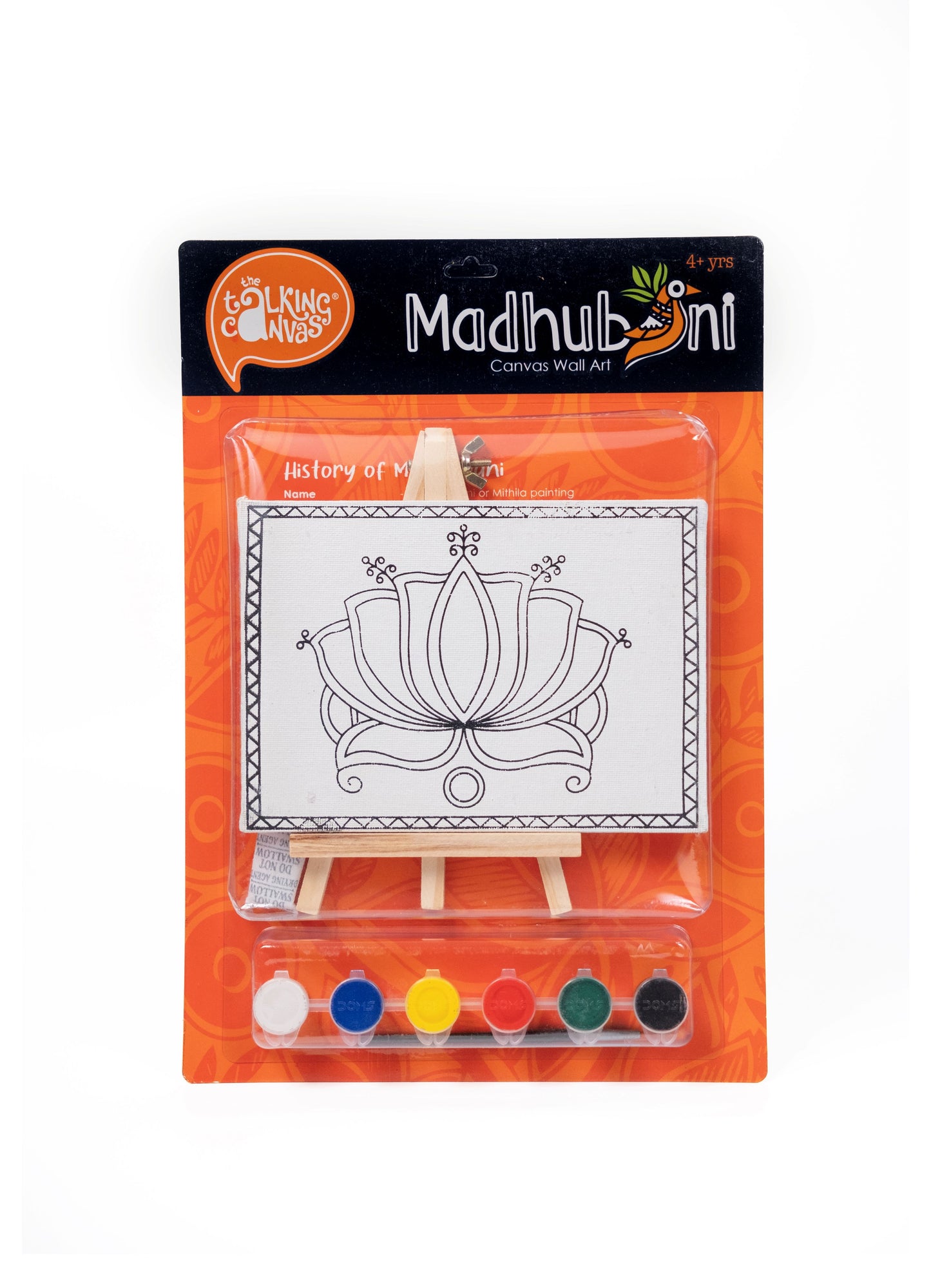 Front of The Talking Canvas Madhubani Lotus Canvas Wall Art DIY Kit with outlined lotus canvas, mini easel, brush and 6 acrylic paint pots in orange packaging.