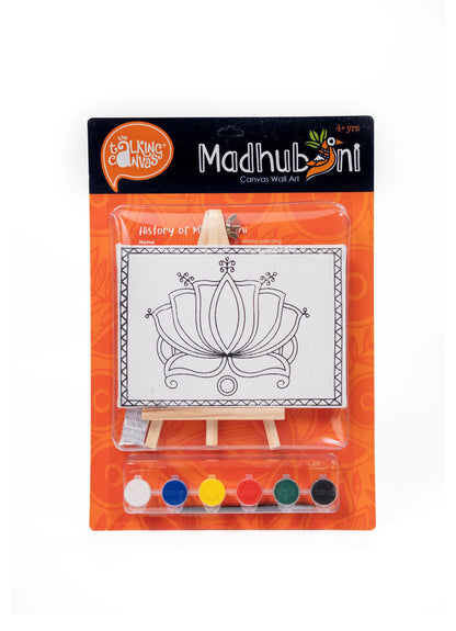 Front of The Talking Canvas Madhubani Lotus Canvas Wall Art DIY Kit with outlined lotus canvas, mini easel, brush and 6 acrylic paint pots in orange packaging.
