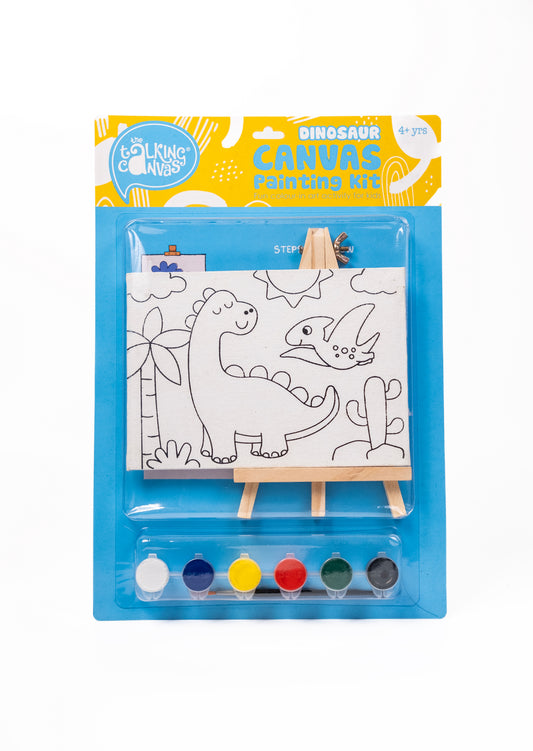 Dinosaur Canvas Painting Kit for Kids front packaging with pre-printed dinosaur canvas, wooden easel, acrylic paints and paint brush.