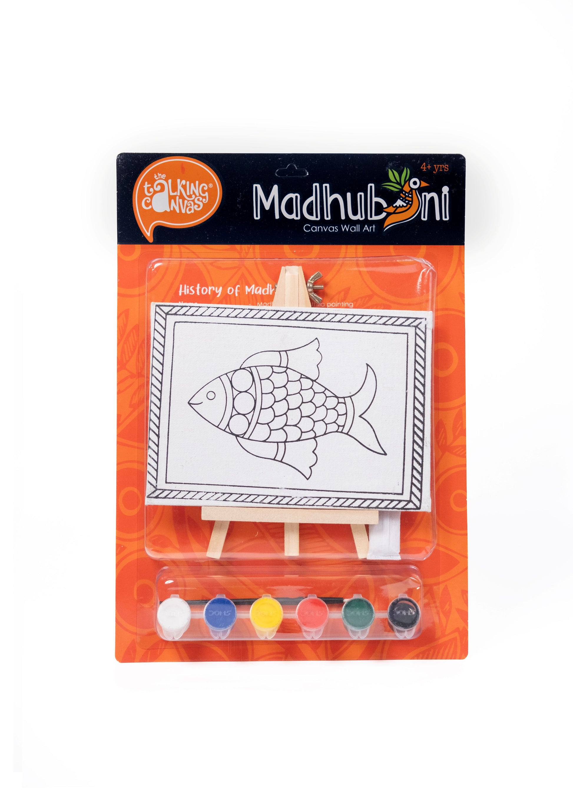 Front of The Talking Canvas Madhubani Fish Canvas Wall Art DIY Kit with outlined fish canvas, mini easel, brush and 6 acrylic paint pots in orange packaging.