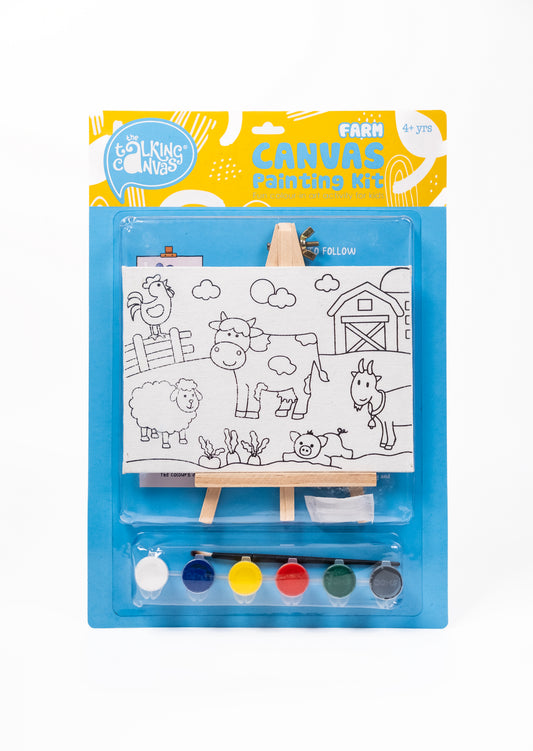 Front of The Talking Canvas Farm Canvas Painting Kit with pre-printed farm canvas, wooden easel, paints and brush for kids aged 4+.