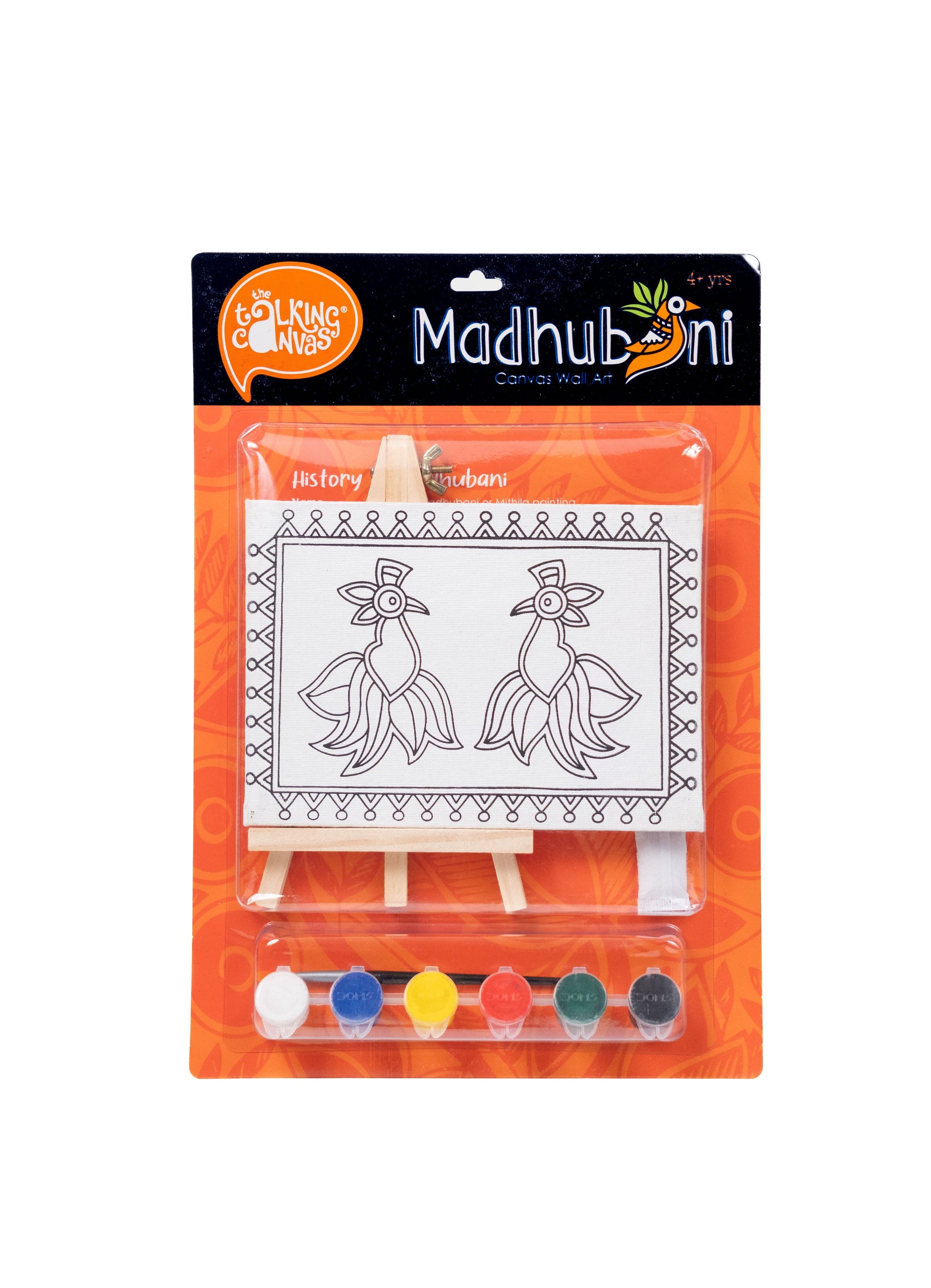 Front of The Talking Canvas Madhubani Parrot Canvas Wall Art DIY Kit with outlined parrot canvas, easel, brush and 6 acrylic paint pots.