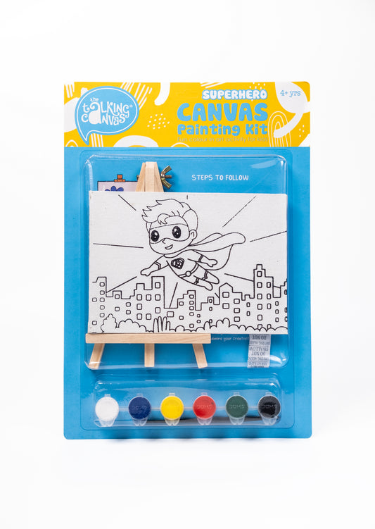 Superhero Canvas Painting Kit for Kids front packaging with pre-printed superhero canvas, wooden easel, acrylic paints and paint brush.