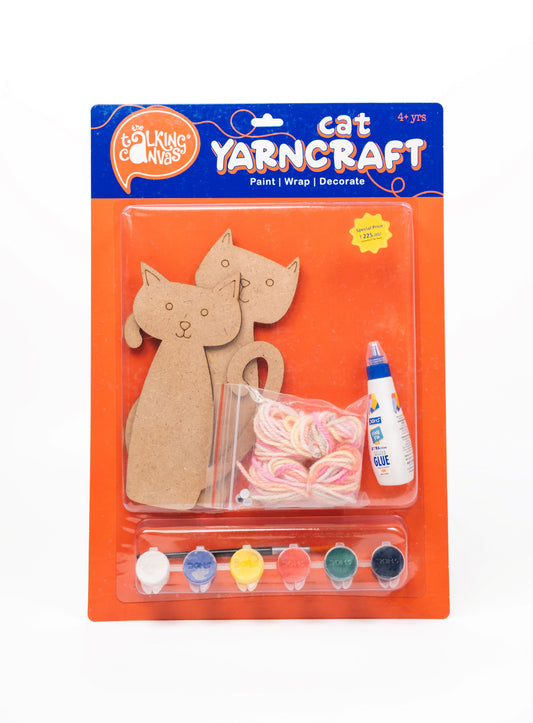 Cat Yarn Craft Kit for Kids front packaging featuring two MDF cat cut-outs, acrylic paints, yarn, glue, felt pieces, googly eyes and paint brush.