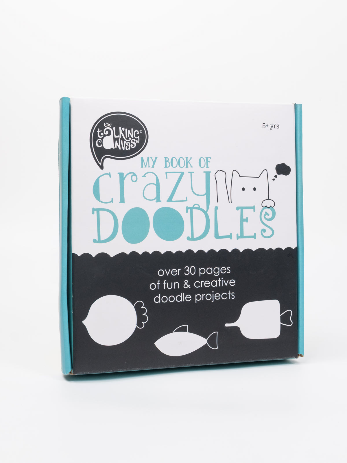 Front of The Talking Canvas My Book of Crazy Doodles kit with doodle activity book, creative projects for kids aged 5+ and gift box packaging.