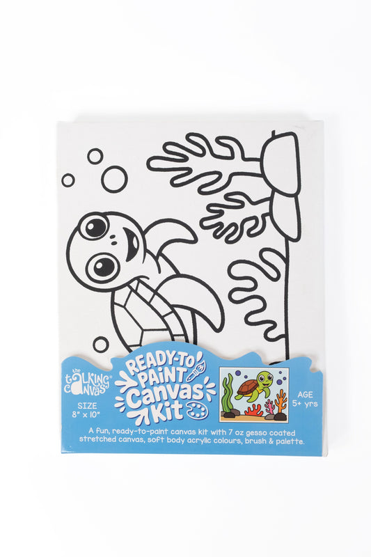 Ready-to-Paint Canvas Kit – Tortoise 8×10 front packaging featuring a smiling tortoise canvas, acrylic paints and paint palette.