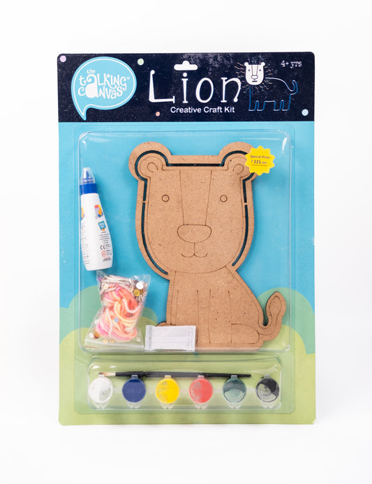 Creative Craft Kit – Lion front packaging featuring a wooden lion craft, colourful paints, yarn, sequins and DIY art activity.