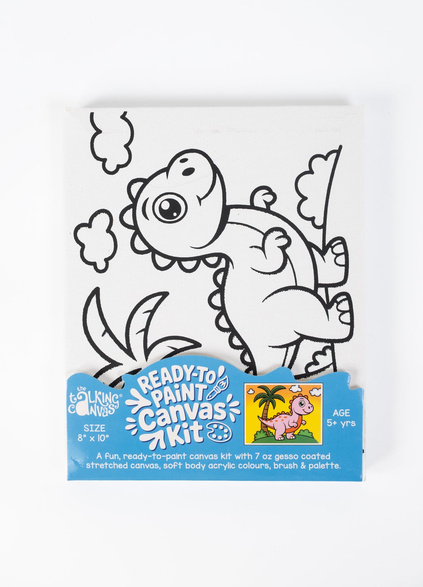 Dinosaur Ready-to-Paint Canvas Kit 8×10 front packaging featuring a pre-printed dinosaur canvas art kit for kids with palm tree design