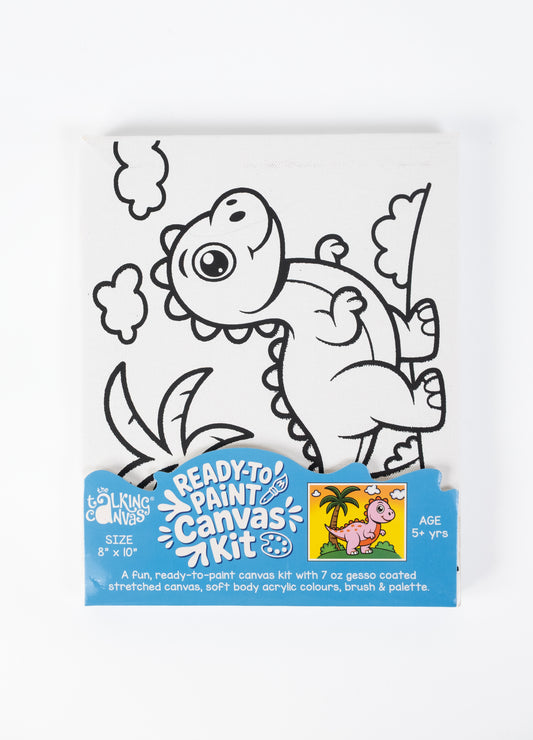 Dinosaur Ready-to-Paint Canvas Kit 8×10 front packaging featuring a pre-printed dinosaur canvas art kit for kids with palm tree design