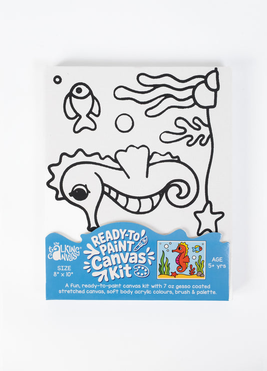 Seahorse Ready-to-Paint Canvas Kit 8×10 front packaging featuring a pre-printed seahorse canvas art kit for kids with ocean-themed design.