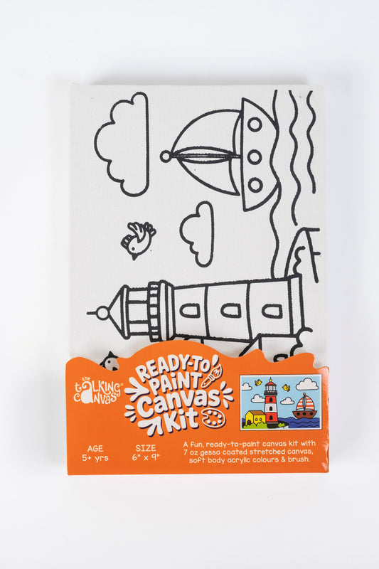 Lighthouse Ready-to-Paint Canvas Kit 6×9 front packaging featuring a pre-printed lighthouse, sailboat and seaside canvas painting kit.
