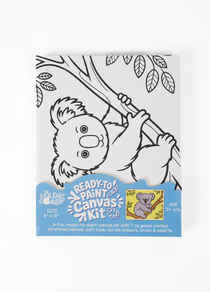 Ready-to-Paint Canvas Kit – Koala Bear 8×10 front packaging featuring a cute koala canvas, acrylic paints and paint palette.