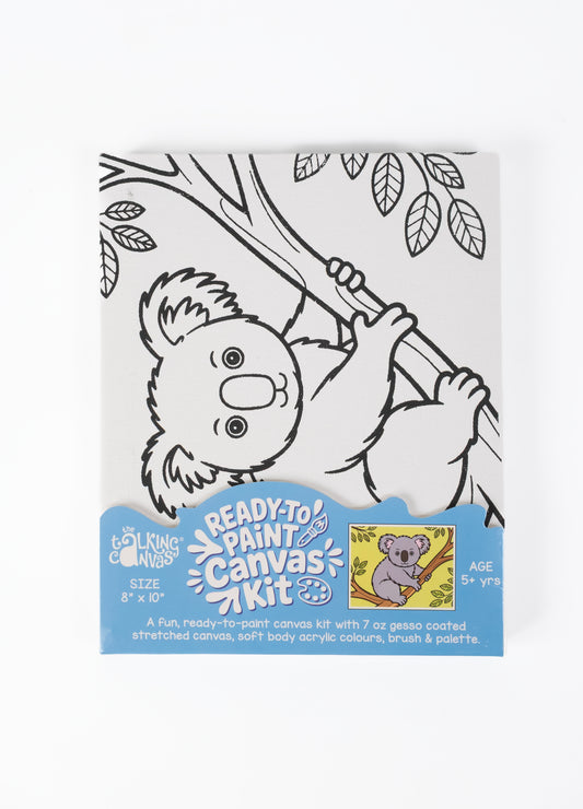 Ready-to-Paint Canvas Kit – Koala Bear 8×10 front packaging featuring a cute koala canvas, acrylic paints and paint palette.