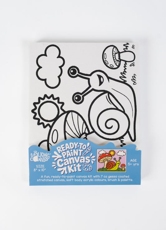 Ready-to-Paint Canvas Kit – Snail 8×10 front packaging featuring a cheerful snail canvas, acrylic paints and paint palette.