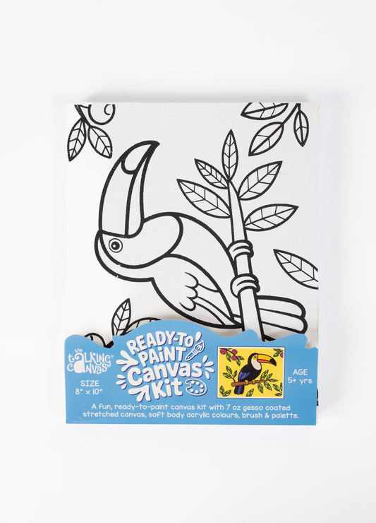 Parrot Ready-to-Paint Canvas Kit 8×10 front packaging featuring a pre-printed parrot canvas art kit for kids with tropical bird design.