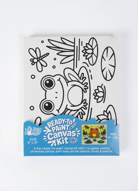 Frog Ready-to-Paint Canvas Kit 8×10 front packaging featuring a pre-printed frog canvas art kit for kids with colourful pond theme.