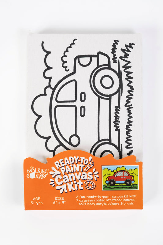 Car Ready-to-Paint Canvas Kit 6×9 front packaging featuring a pre-printed car driving through a scenic landscape.