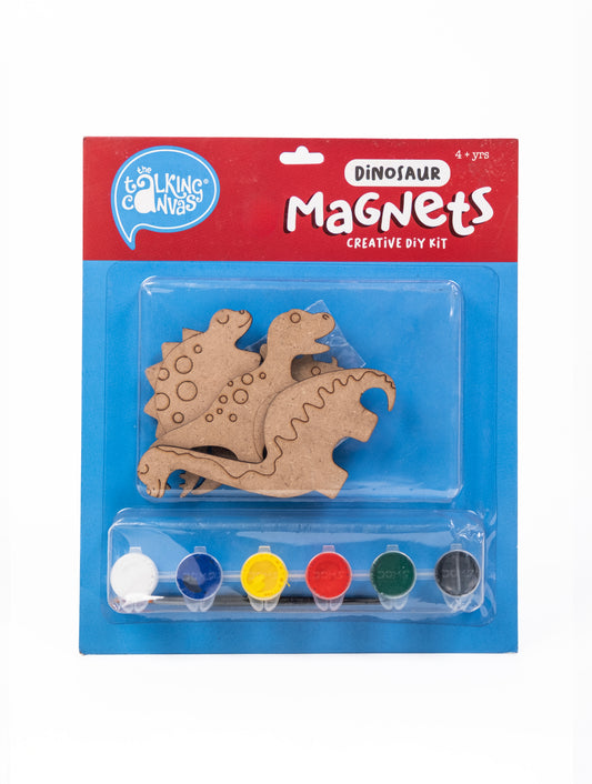 Dinosaur Magnets Creative DIY Kit for Kids front packaging featuring four MDF dinosaur magnets, acrylic paints and brush.