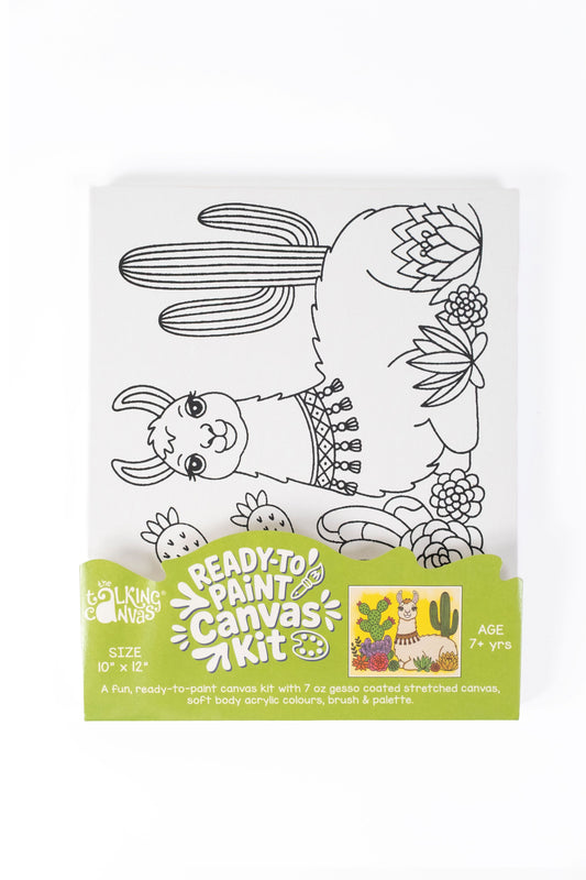 Llama Ready-to-Paint Canvas Kit for Kids 10×12 front packaging with pre-printed llama, cacti and desert flower design.