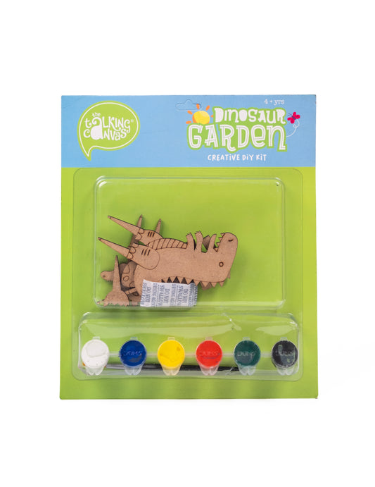Creative DIY Kit – Dinosaur Garden front packaging featuring wooden dinosaur garden pieces, paints and build-your-own craft activity.