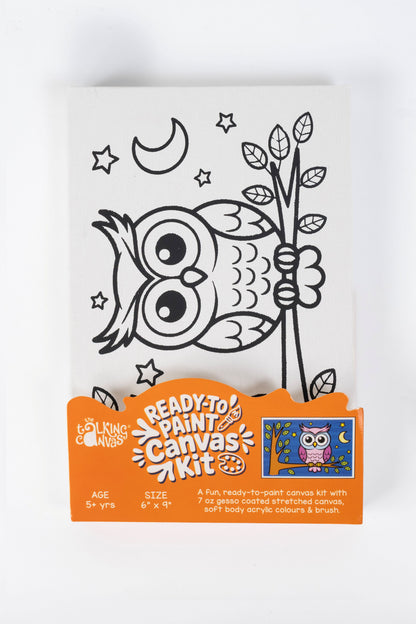 Owl Ready-to-Paint Canvas Kit 6×9 front packaging featuring a pre-printed owl on a tree branch beneath stars and a crescent moon.