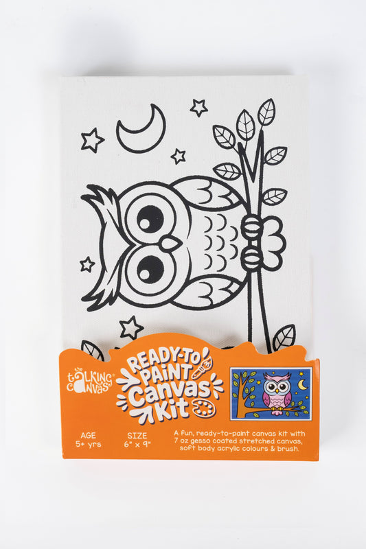 Owl Ready-to-Paint Canvas Kit 6×9 front packaging featuring a pre-printed owl on a tree branch beneath stars and a crescent moon.
