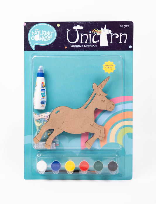 Front of The Talking Canvas Unicorn Creative Craft Kit with MDF unicorn cutout, yarn, glue, brush and 6 acrylic paint pots in blue packaging.