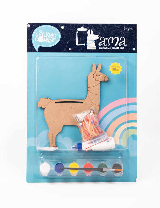 Front of The Talking Canvas Llama Creative Craft Kit with MDF llama cutout, yarn, glue, brush and 6 acrylic paint pots in blue packaging.