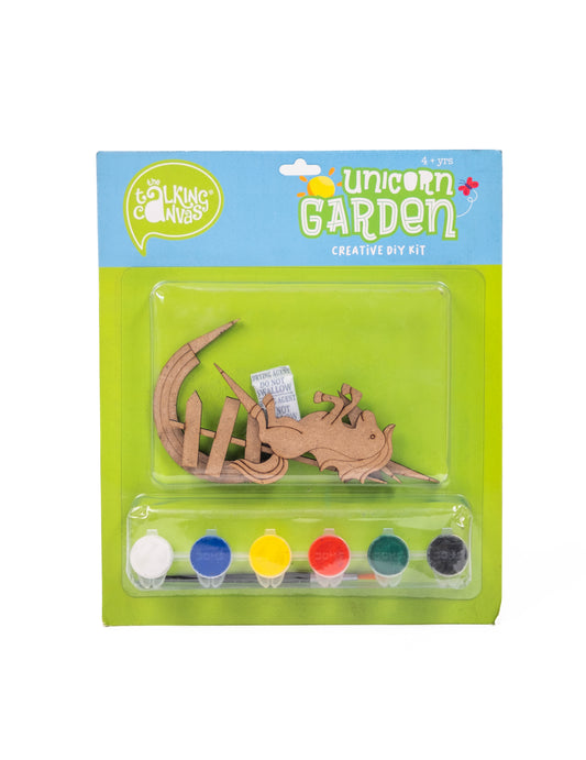 Creative DIY Kit – Unicorn Garden front packaging featuring wooden unicorn, rainbow, garden pieces and colourful painting activity.