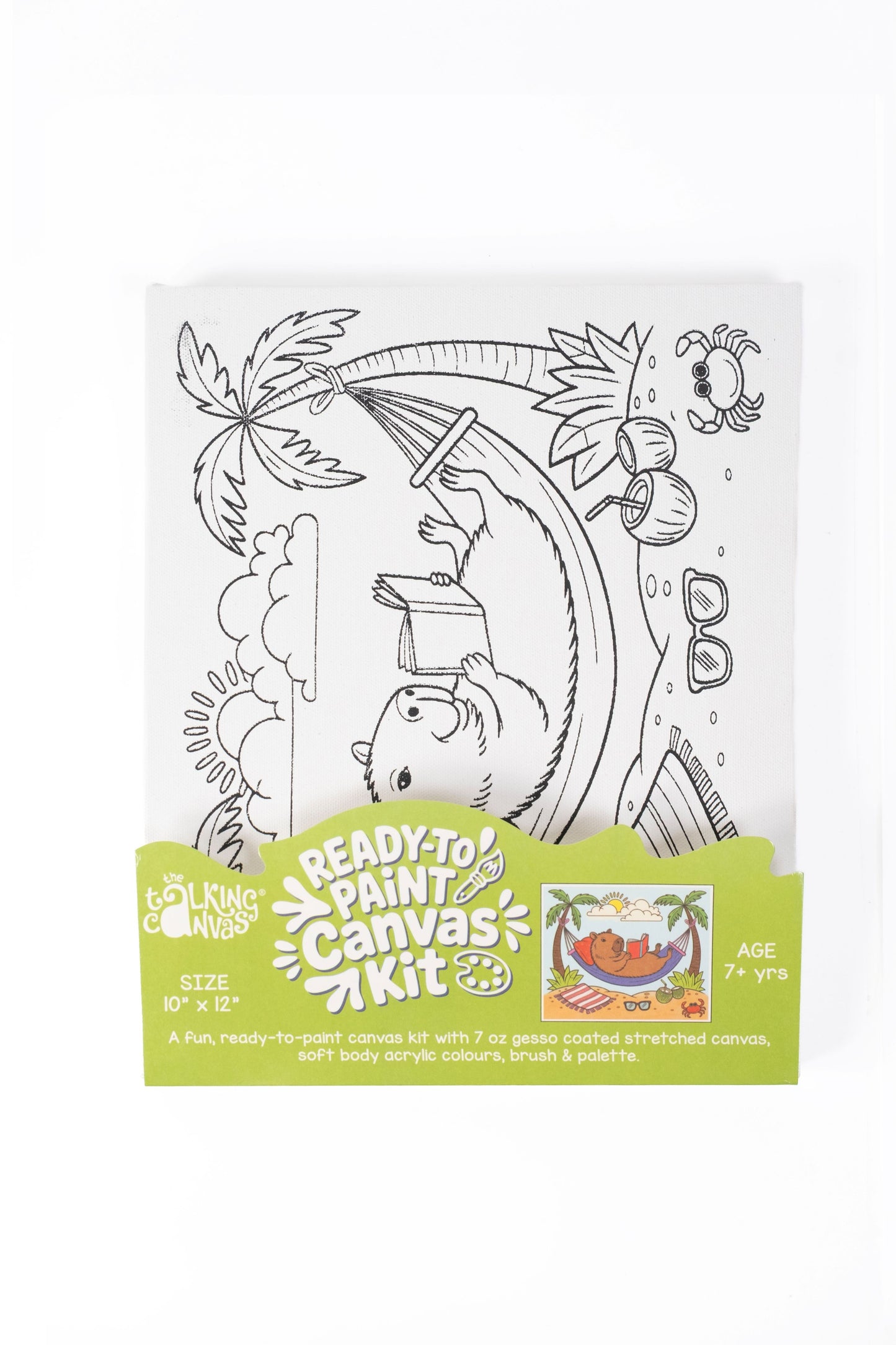 Capybara Ready-to-Paint Canvas Kit for Kids 10×12 front packaging with tropical hammock, palm trees and beach-themed pre-printed canvas