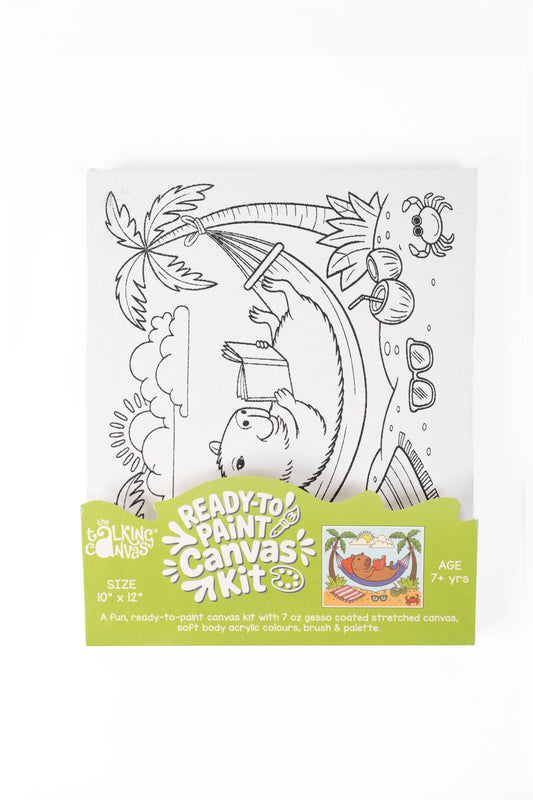 Capybara Ready-to-Paint Canvas Kit for Kids 10×12 front packaging with tropical hammock, palm trees and beach-themed pre-printed canvas